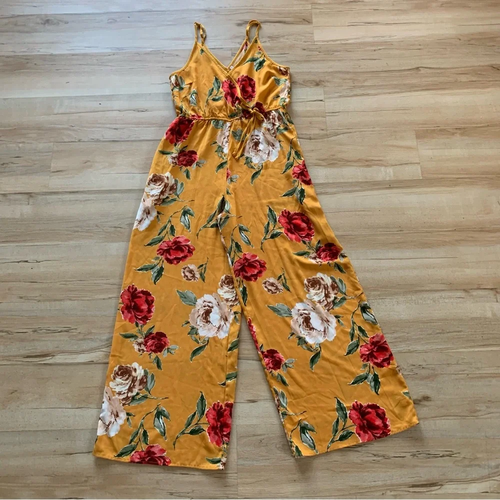 XHILARATION FLORAL DEEP V-NECK STRAPPY WRAP-FRONT JUMPER, MUSTARD Size M - Picture 1 of 6